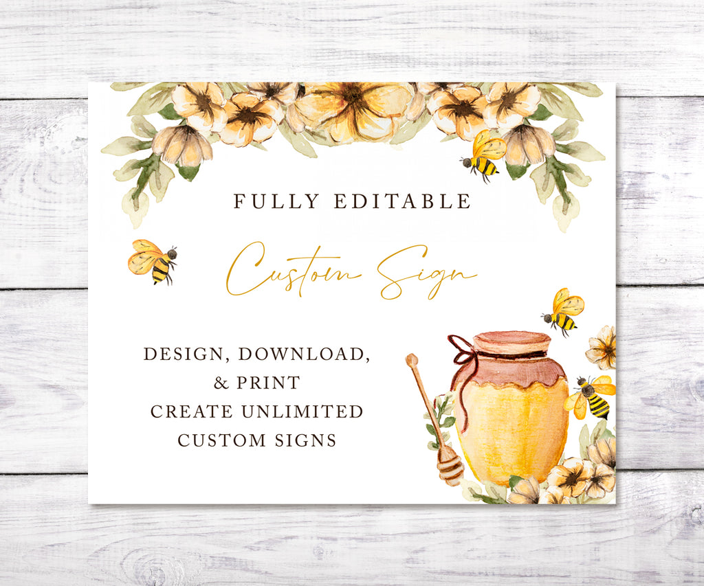 Bee custom sign template with yellow flowers, honey jar & bees