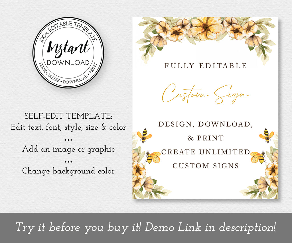 Editable Custom sign template with yellow flowers, honey bees