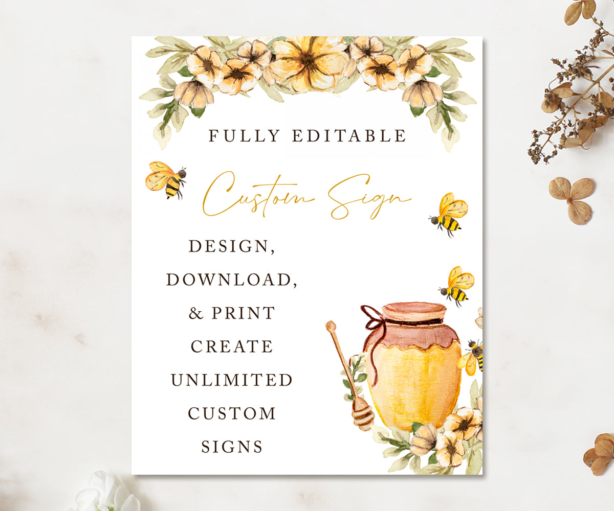 Bee Baby Shower 8 x 10 inches custom sign editable template, honey jar with honey bees and yellow flowers