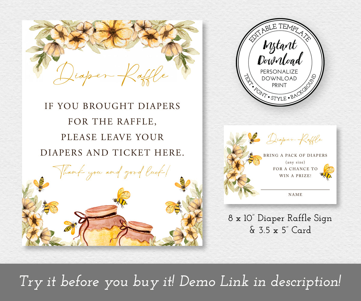 Bee Diaper Raffle sign 8 x 10" and entry ticket card 3.5 x 5" templates with bees, flowers and honey jars