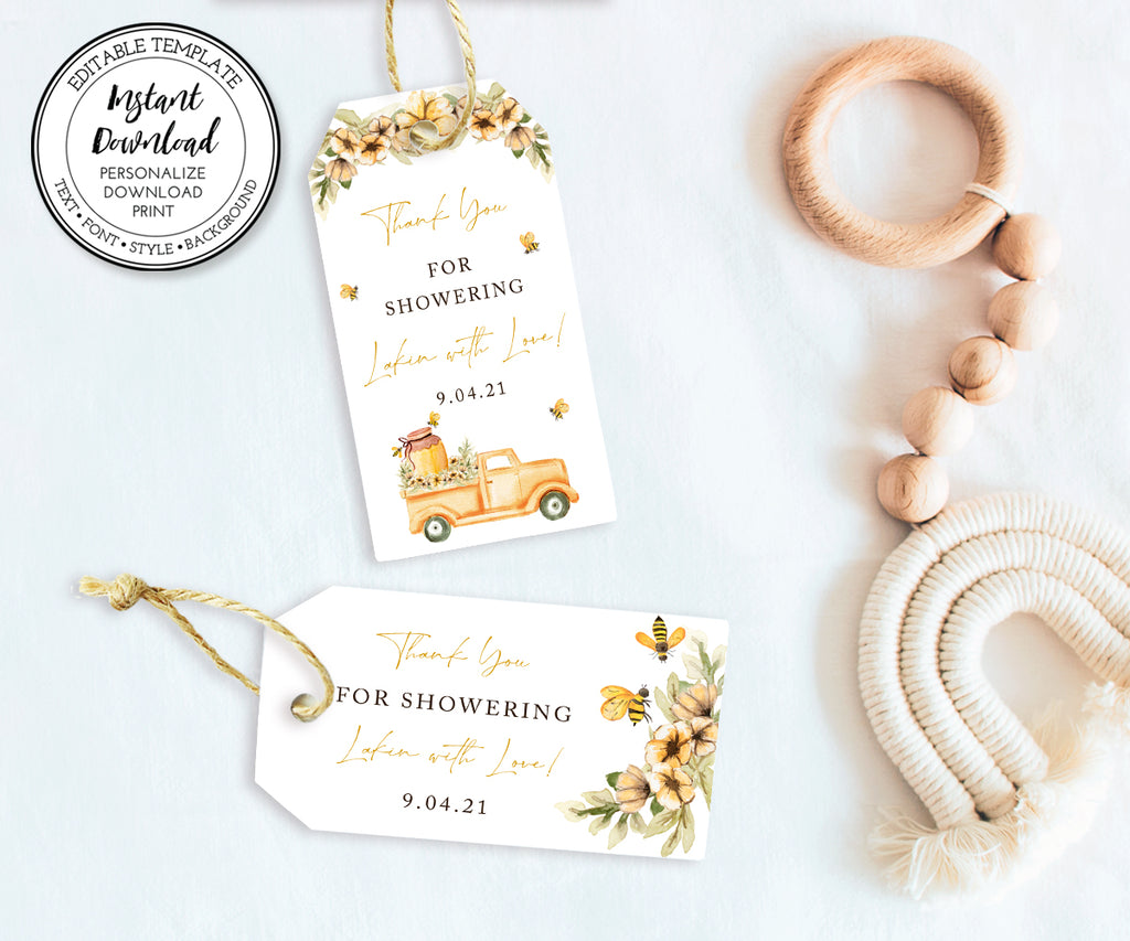 Bee Baby Shower favor tags, vintage truck with honey jar, bees and yellow flowers