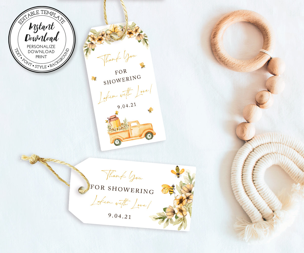 Bee Baby Shower favor tags, vintage truck with honey jar, bees and yellow flowers
