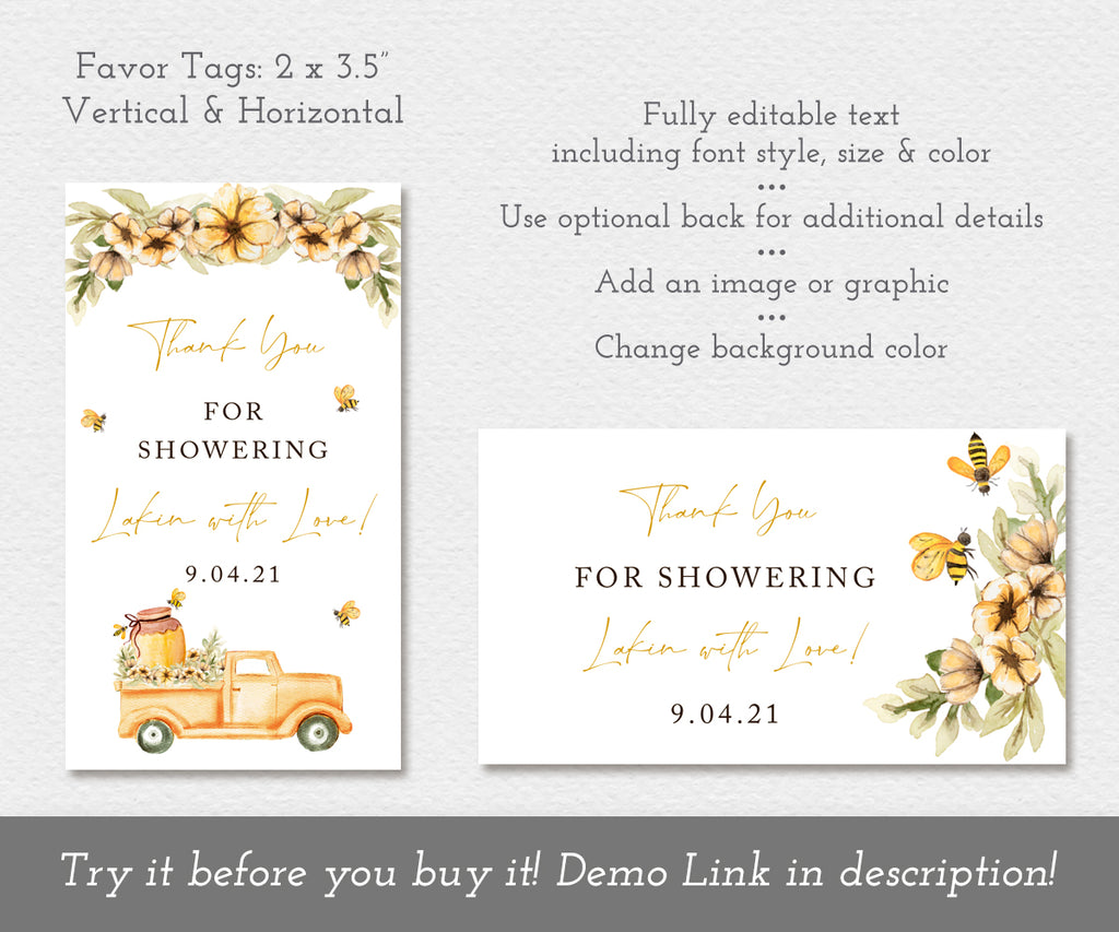 Bee Baby Shower favor tags, vertical and horizontal favor tags with yellow flowers, vintage truck with honey bees and honey jar