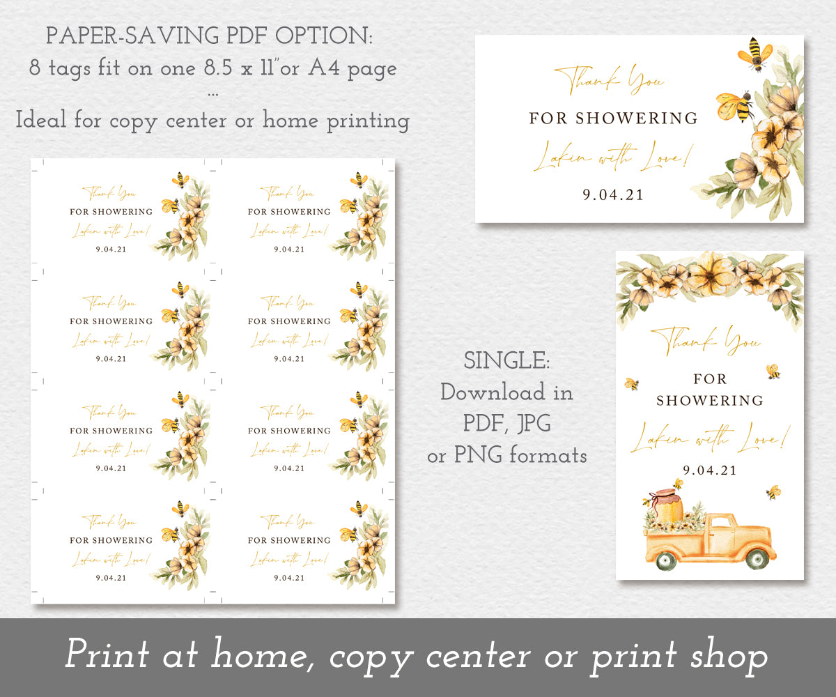 Paper saving option for Bee Baby Shower favor tags, favor tags with several on a sheet and as single favor tags, both vertical and horizontal tags