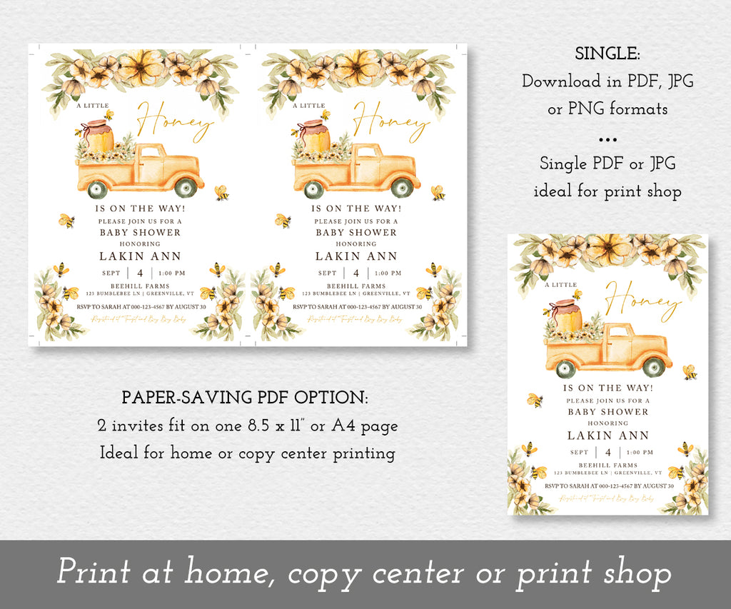 A little honey bee baby shower invitation shower as a paper saver option with 2 invitations on a page or as a single invitation