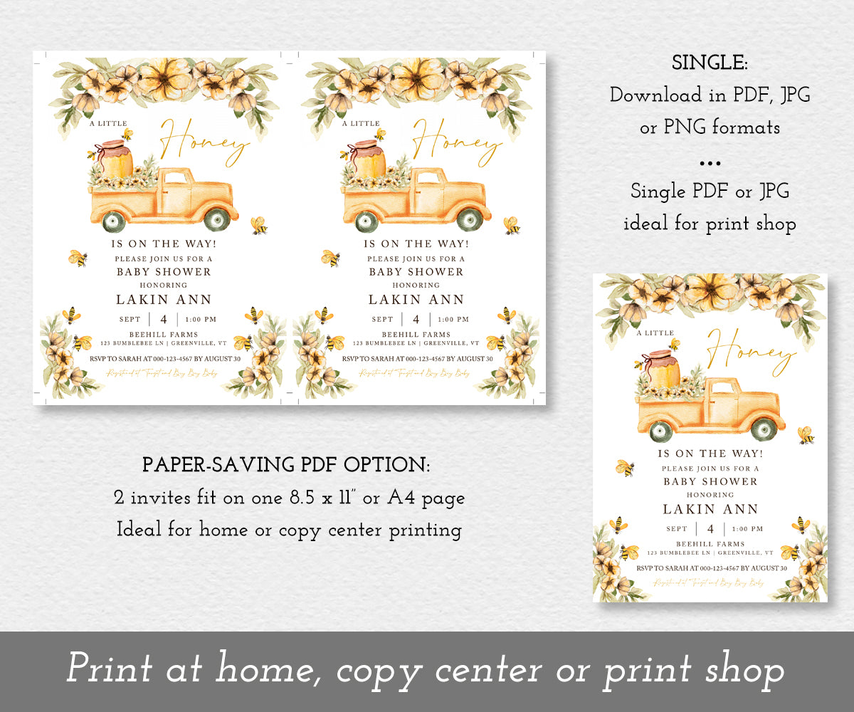 A little honey bee baby shower invitation shower as a paper saver option with 2 invitations on a page or as a single invitation