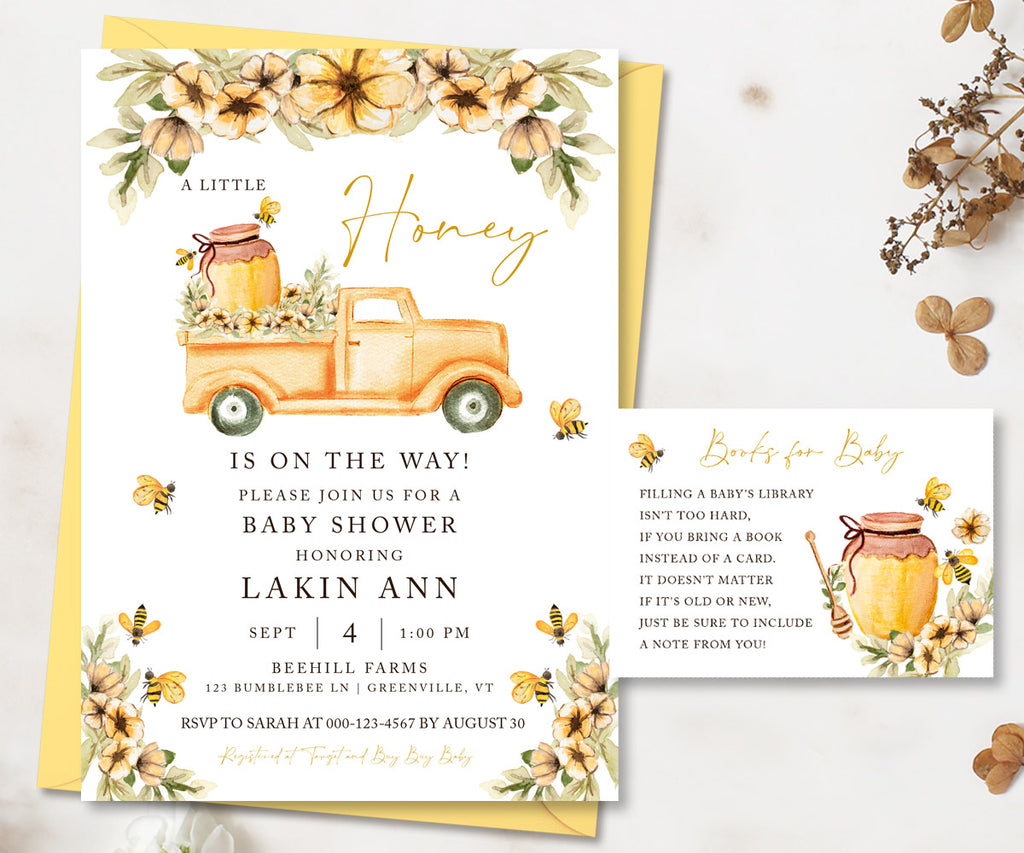 A Little Honey is on the way Baby shower invitation and books for baby card, yellow flowers, vintage truck with honey jar and honey bees by Artful Life Designs