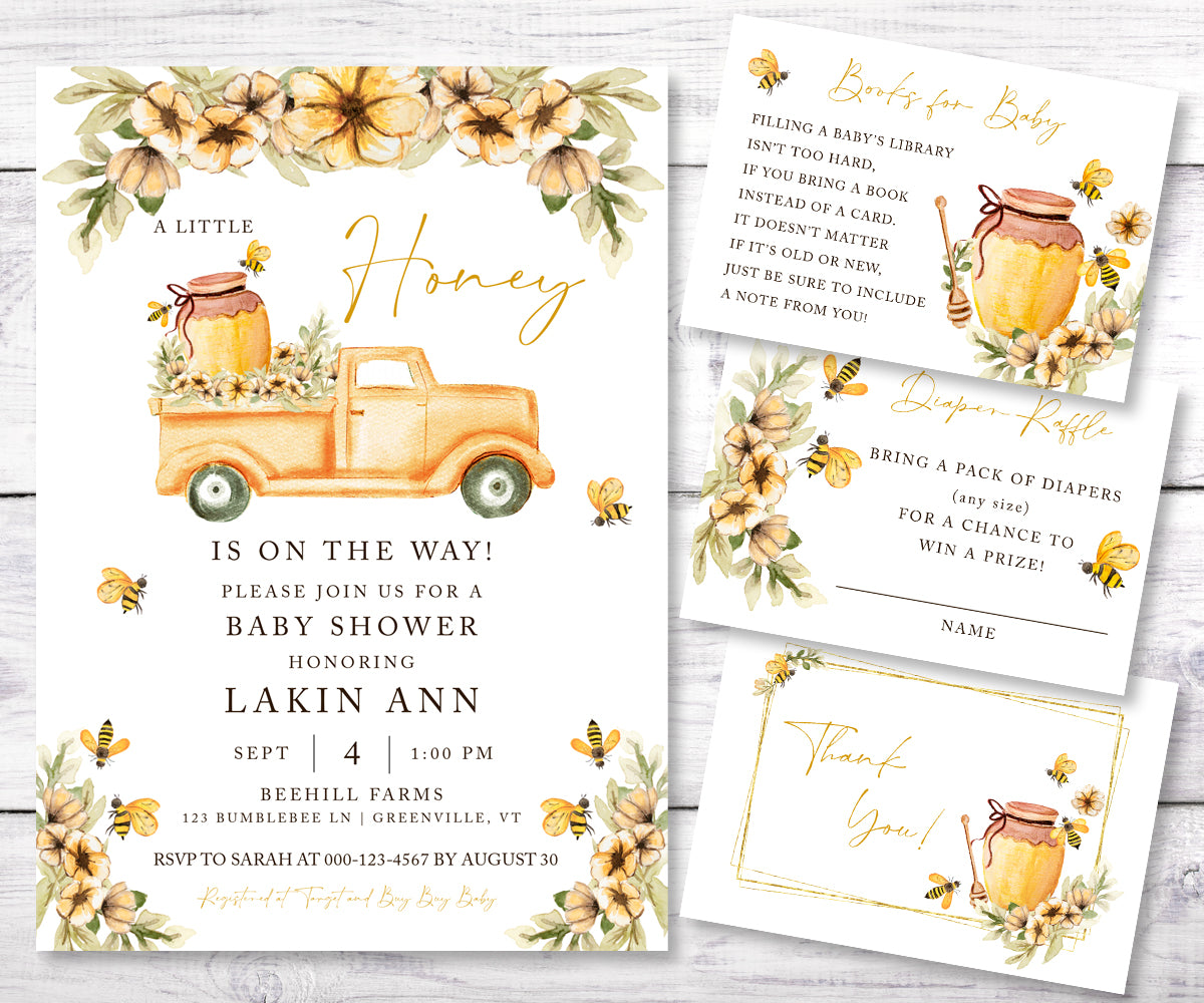 A little honey bee baby shower invitation, books for baby card, diaper raffle card and thank you card with honey bees, truck, honey jar and yellow flowers