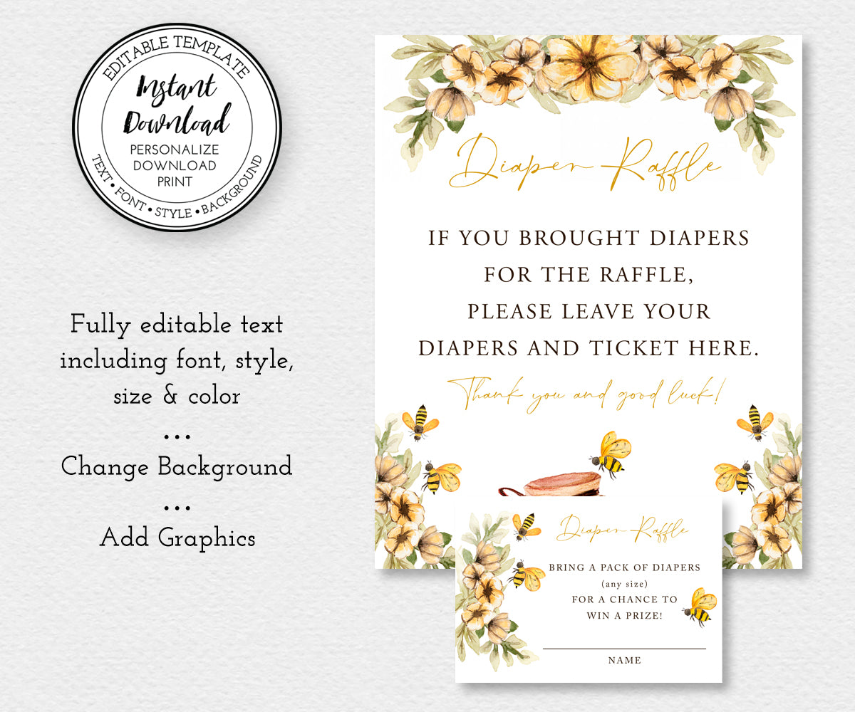 Bee Baby shower diaper raffle sign and card with editable text, change background or add graphics