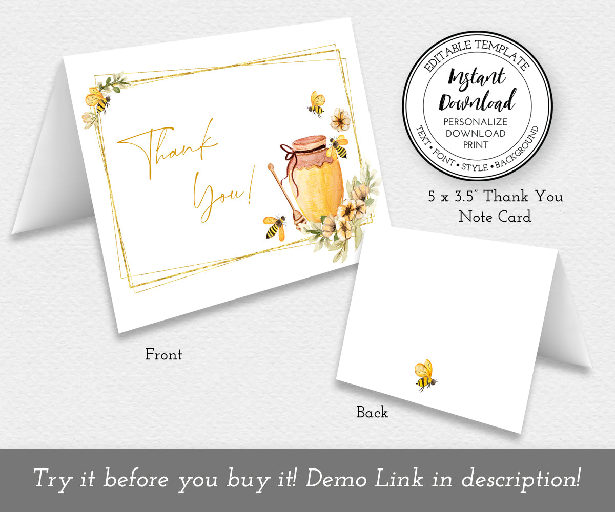 Bee baby shower thank you note card with honey bees, honey jar and yellow flowers, shown front and back folded.