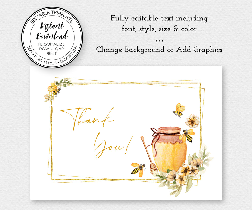 Bee baby shower thank you card is a fully editable template, edit text, add background and graphics