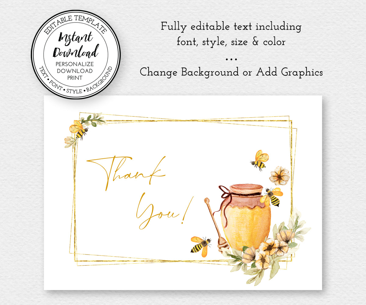 Bee baby shower thank you card is a fully editable template, edit text, add background and graphics.