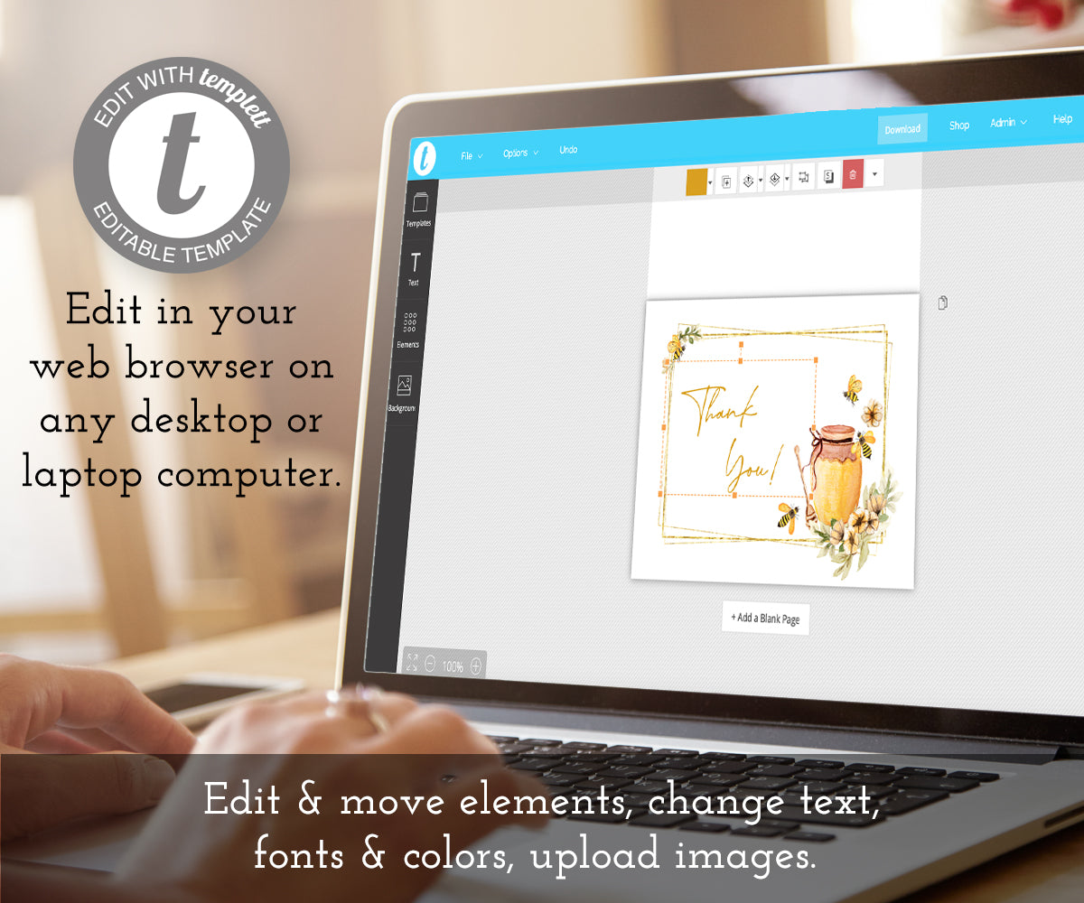 Bee baby shower thank you card templete being edited on a laptop computer using templett.