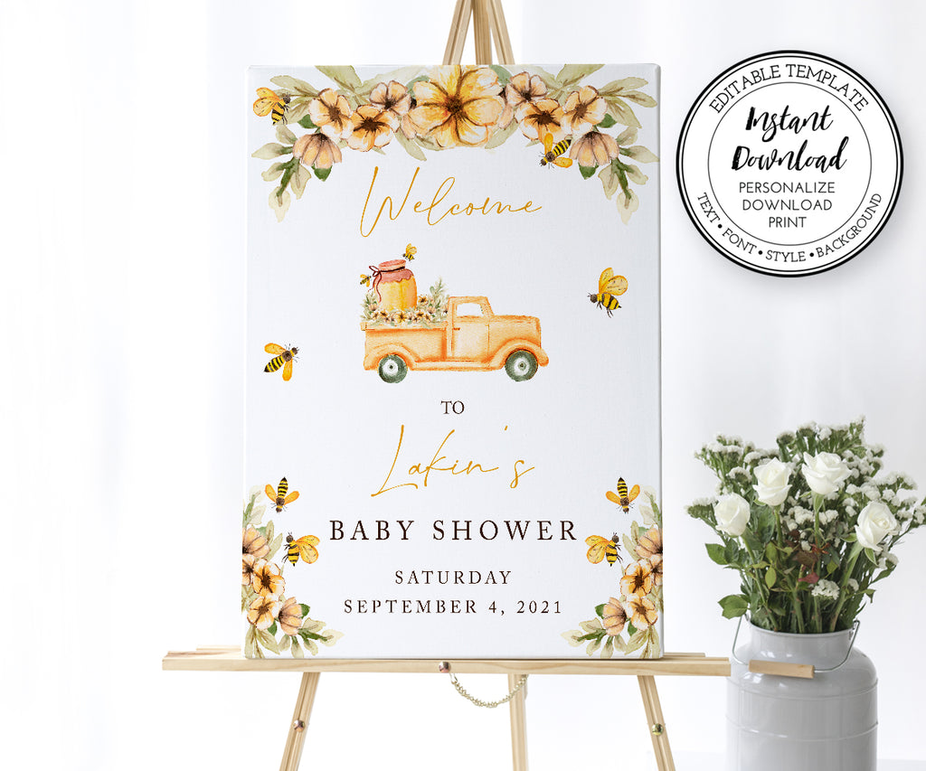 Bee baby shower welcome sign with yellow flowers, vintage truck, honey jar, honey bees