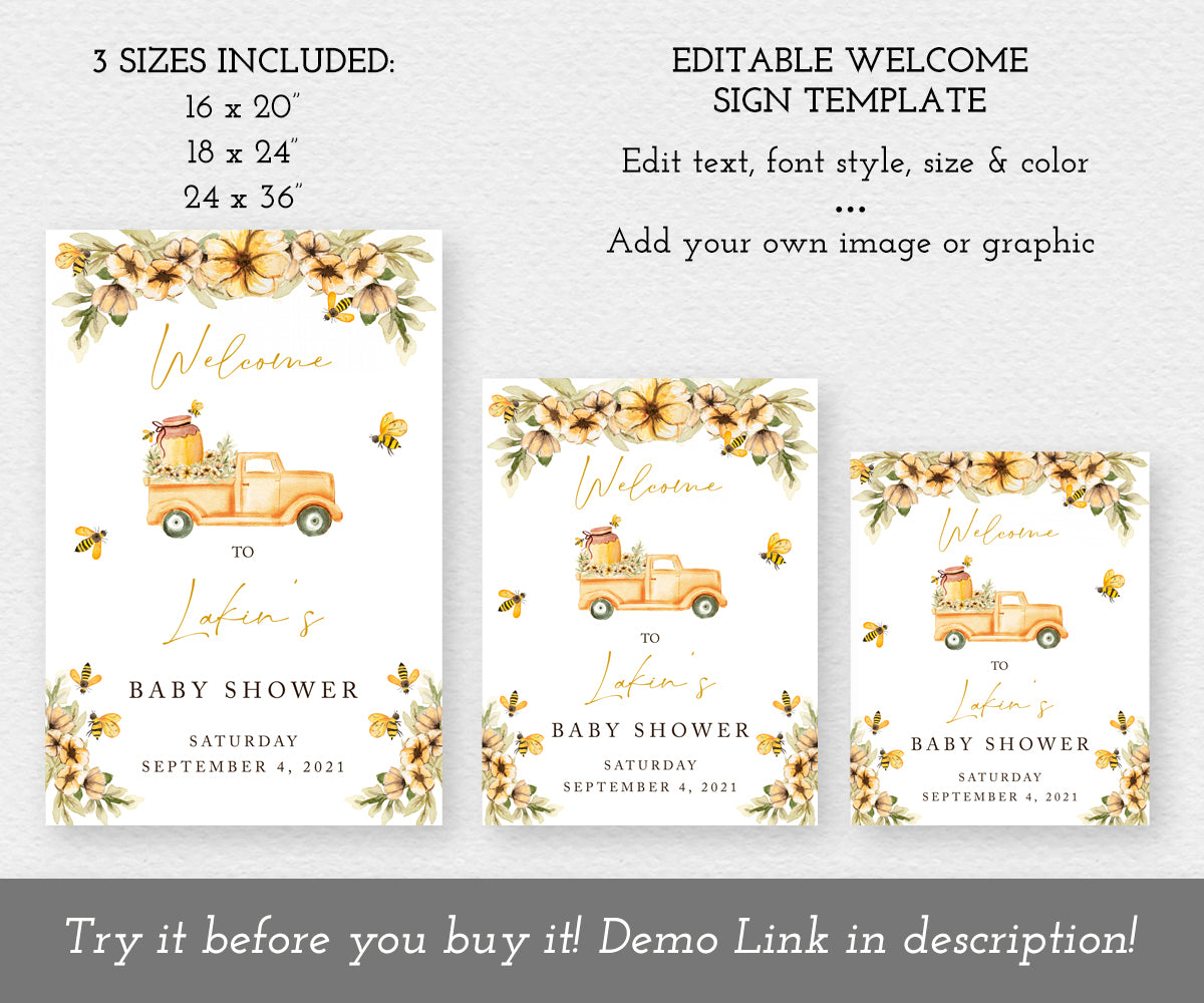 Bee Baby Shower welcome sign editable template comes in 3 sizes