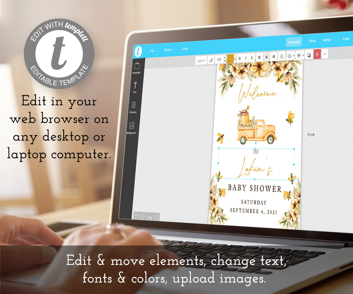 Bee baby shower welcome sign being edited on a laptop computer using templett