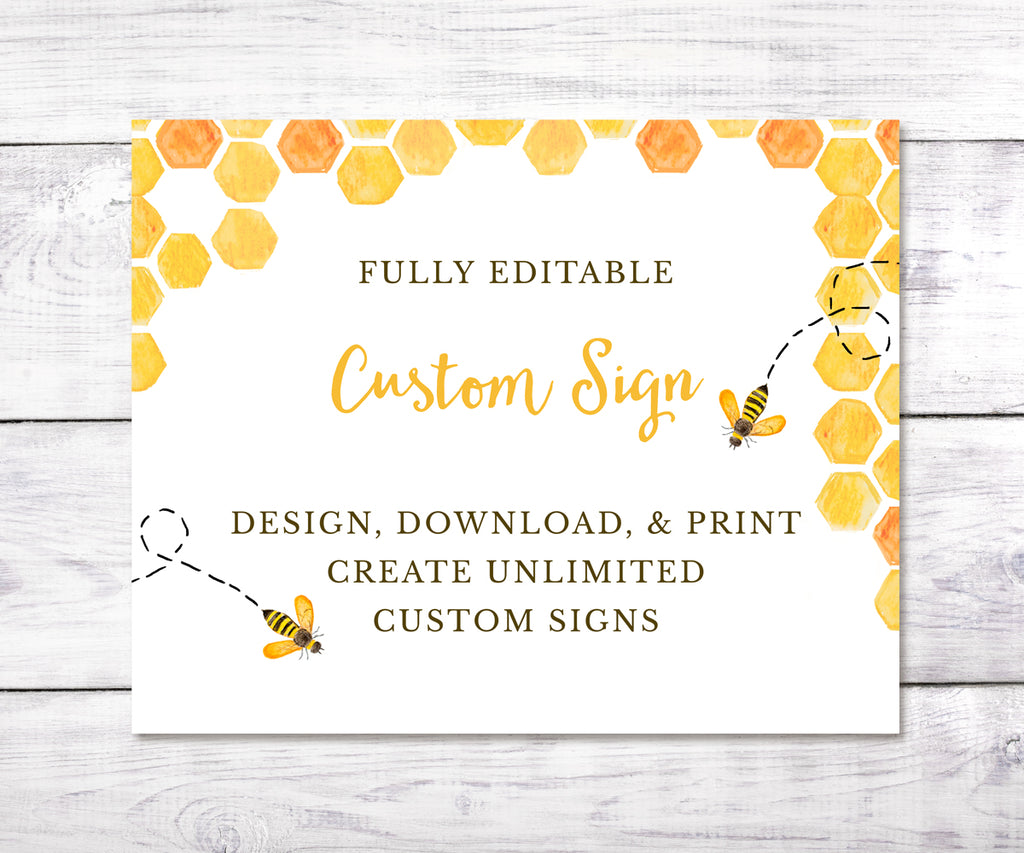 Bee baby shower custom sign template with honeycomb and buzzing bees to create unlimited custom shower signs