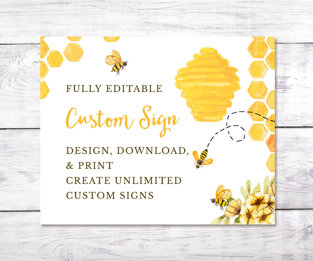Fully editable Custom sign with honeycomb, buzzing bees and yellow flowers to create unlimited signs for a baby shower or gender reveal