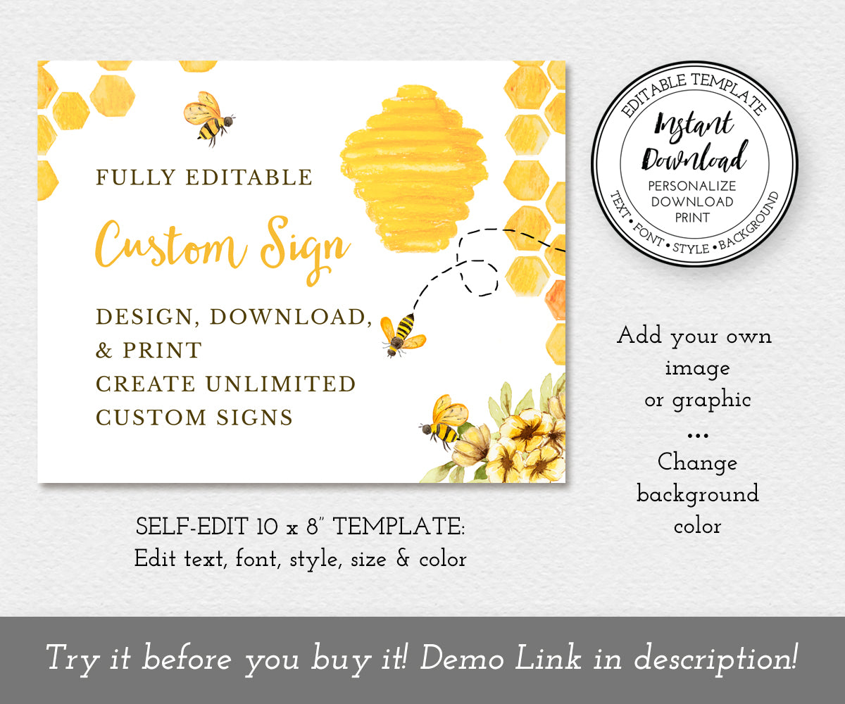 Edit text, add graphics, change background colors on this custom baby shower or gender reveal sign template with honeycomb, beehive, buzzing bees and yellow flower