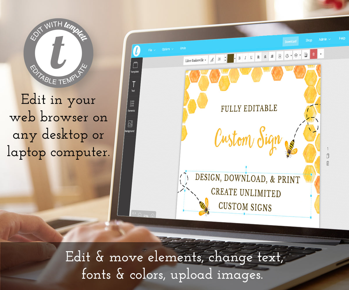Baby shower custom sign with honeycomb and buzzing bees being edited on a laptop computer using templett online editor