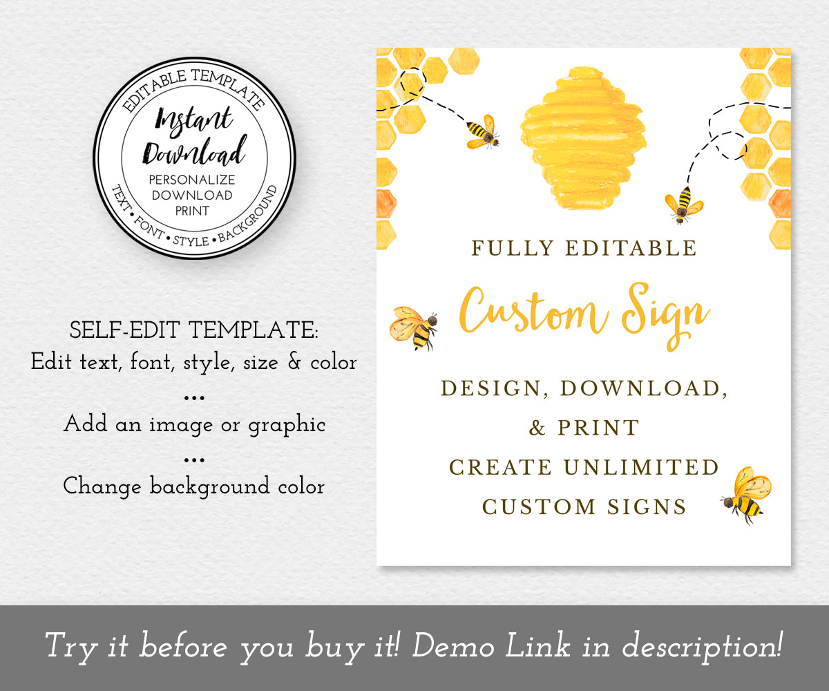 Bee theme custom sign editable template to create unlimited baby shower or gender reveal printable signs by Artful Life Designs