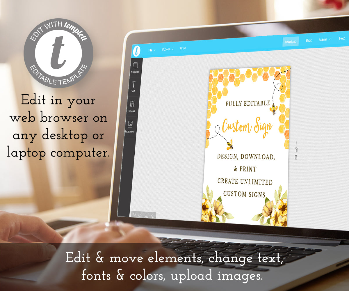 Bee theme custom sign template being edited on a laptop computer using templett browser editor