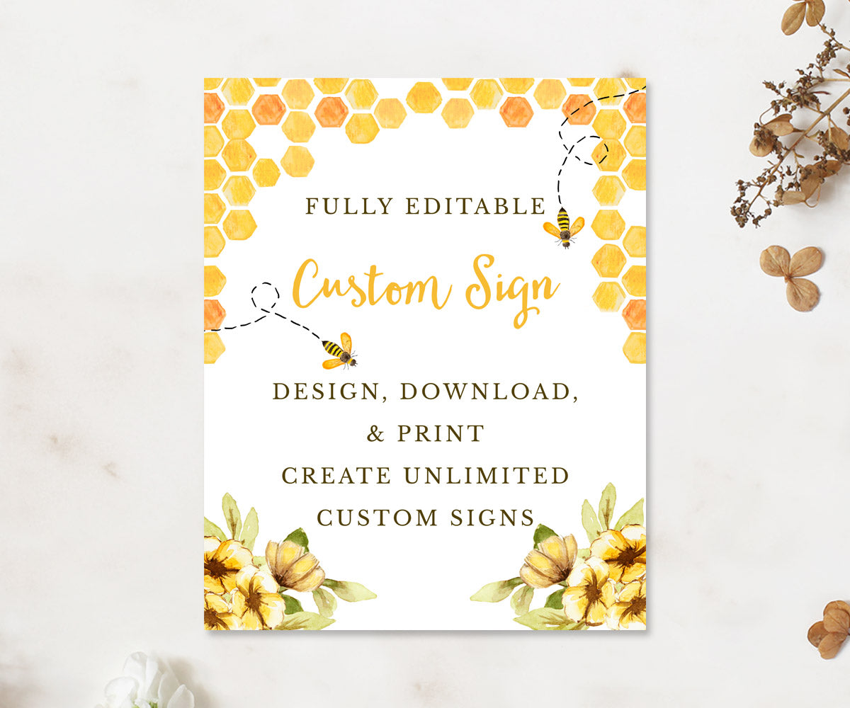 Bee baby shower 8 x 10 inch custom sign editable template with bees, honeycomb and yellow flowers