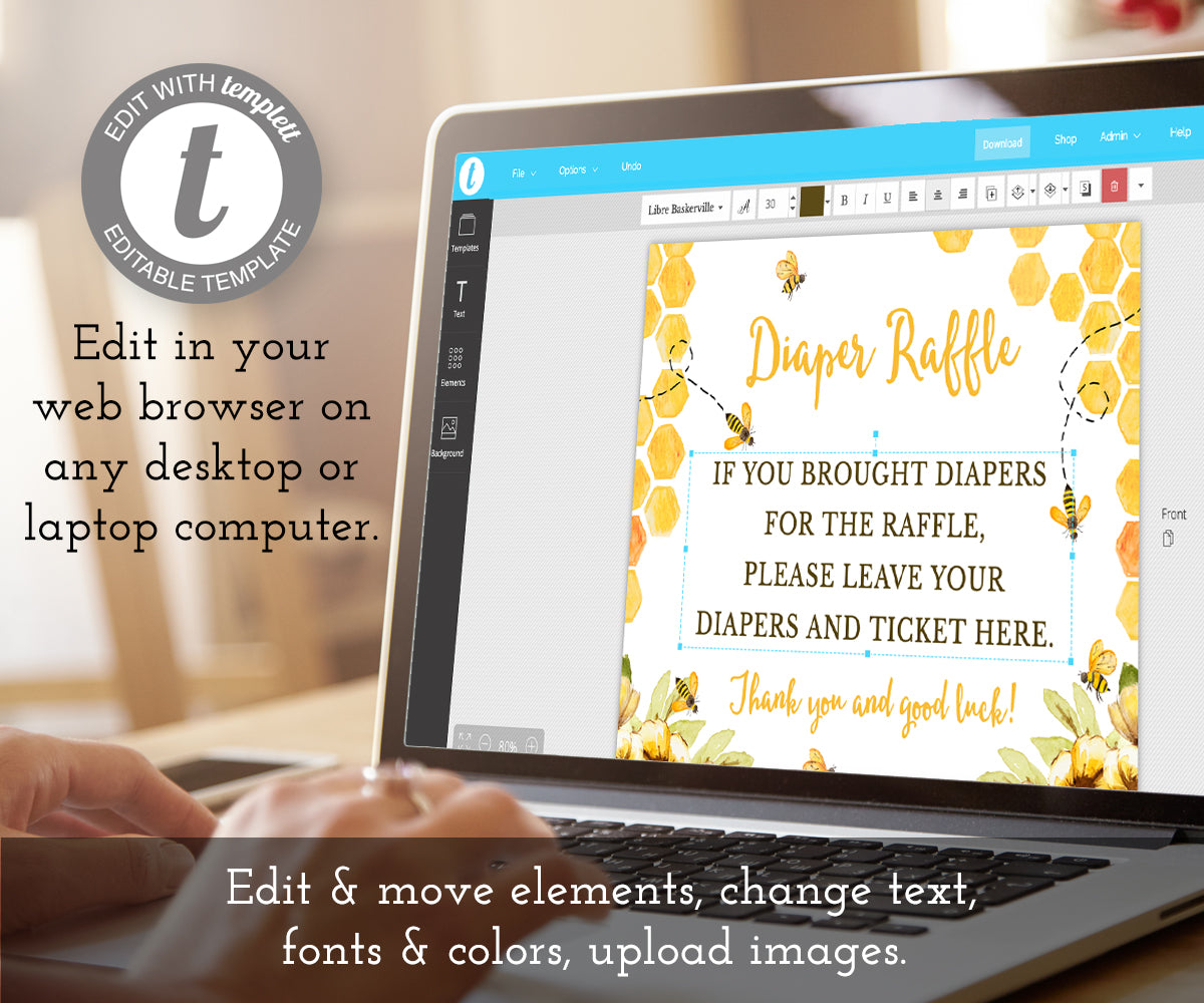 Bee diaper raffle being edited on a laptop computer using templett