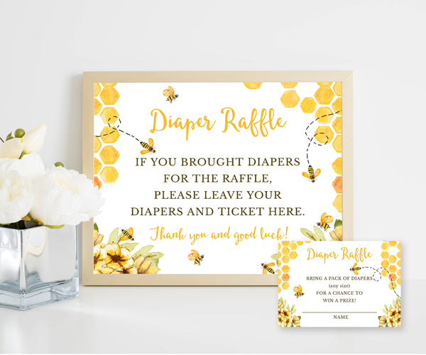 Bee diaper raffle sign and entry card for baby shower and gender reveal