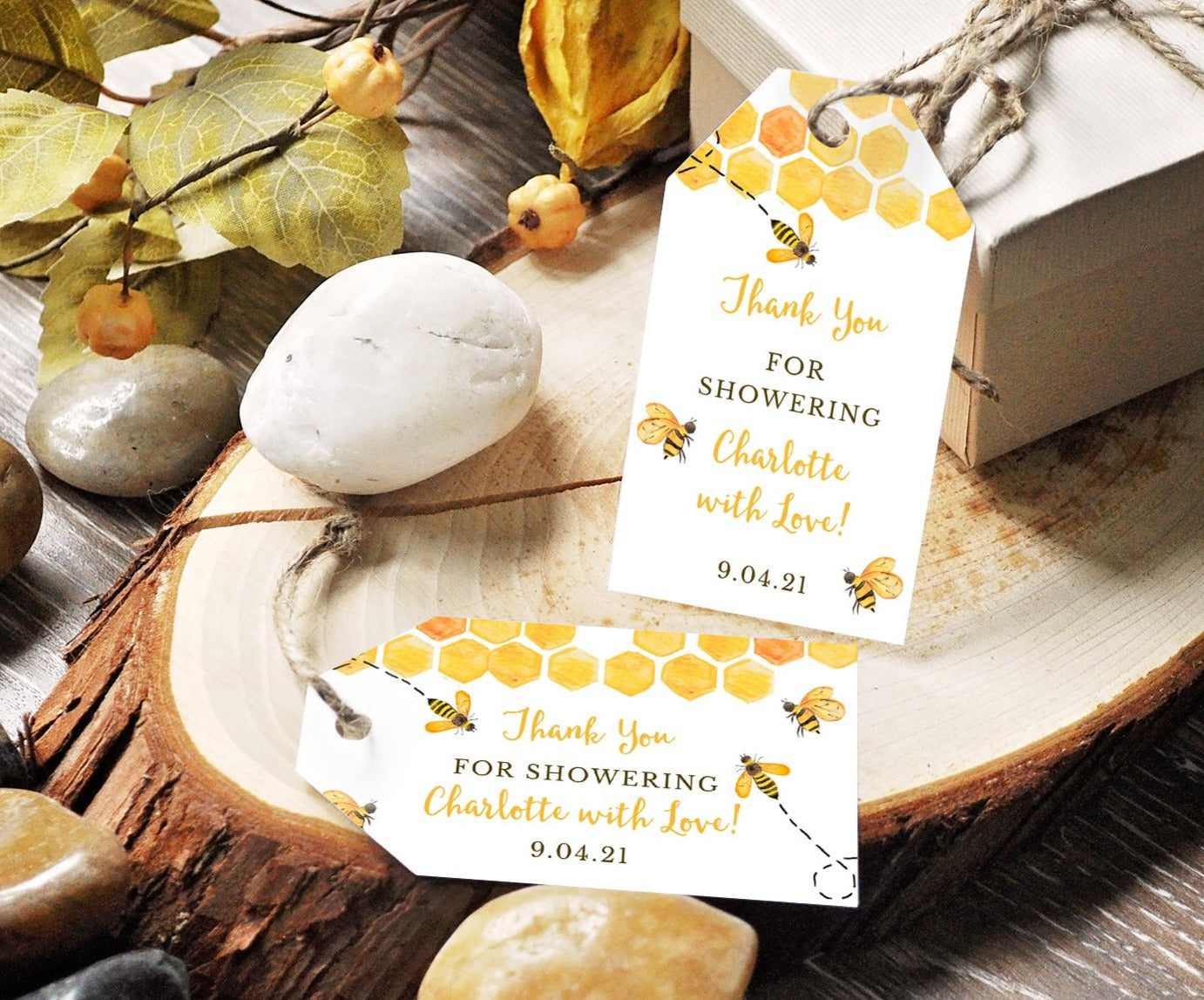 Bee baby shower favor tags with honeycomb and honey bees