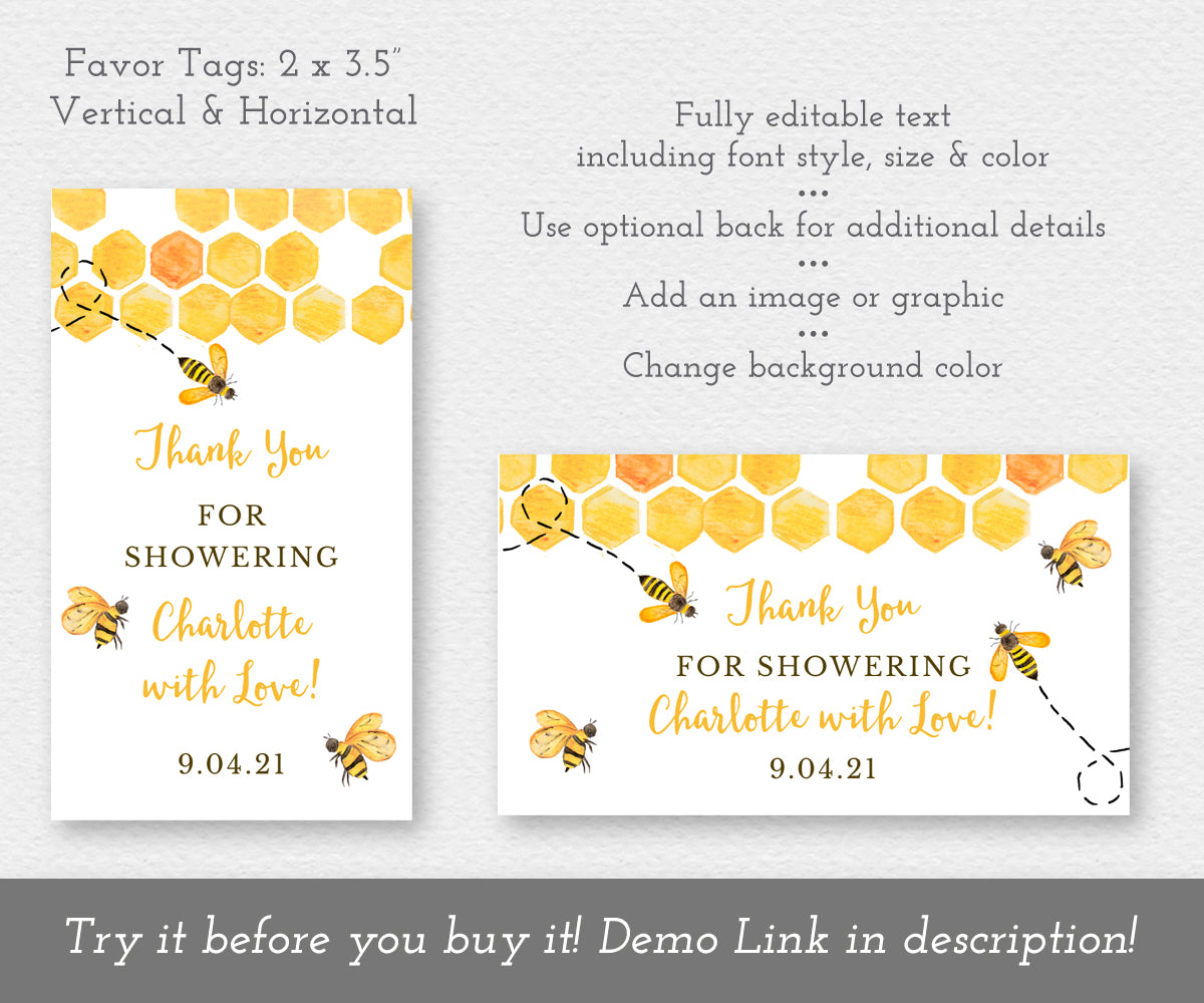 2 cx 3.5" bee baby shower favor tag editable templates