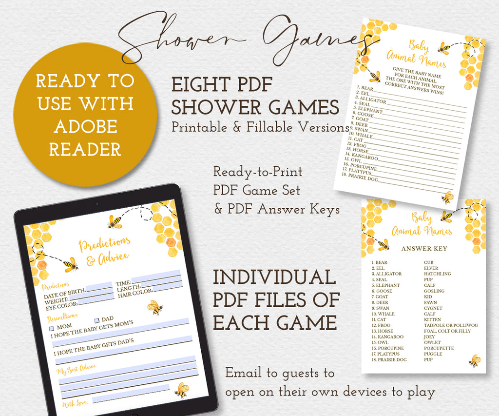Eight PDF Baby Shower Games Bundle with fun buzzing bees and honeycomb design 
