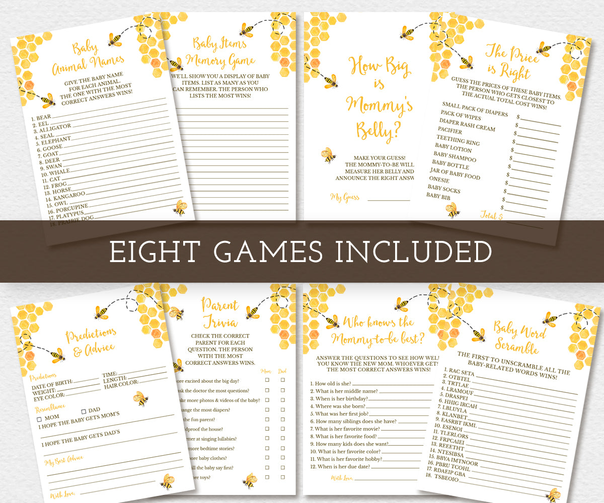 Eight baby shower games bundle for a bee baby shower