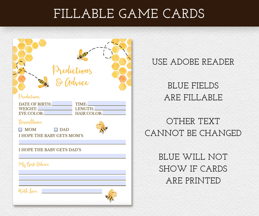 Bee Baby shower fillable Game card