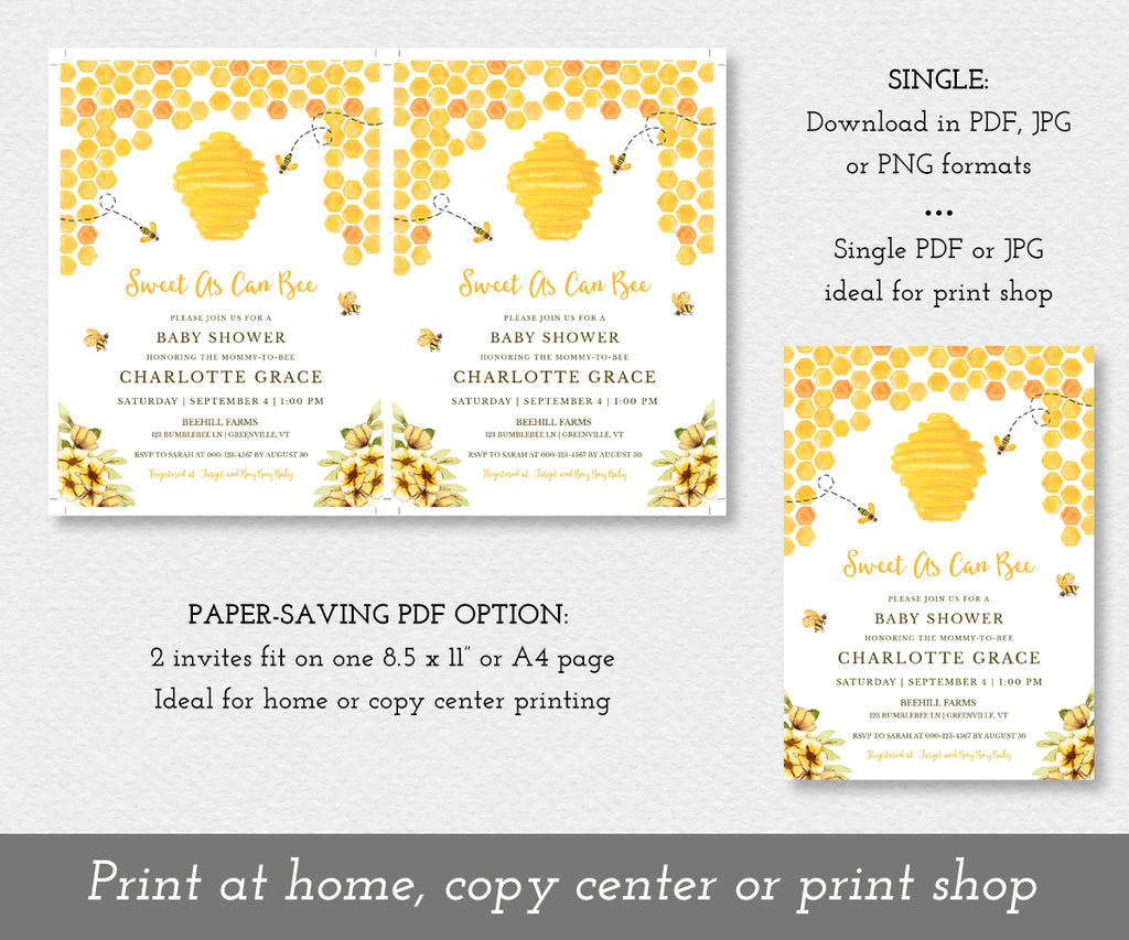 Sweet as can bee, bee baby shower invitation shown 2 up on a single sheet to save paper and as a single invitation