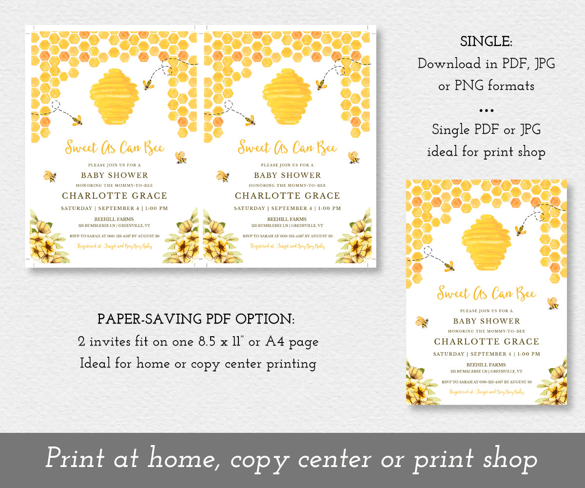 Sweet as can bee, bee baby shower invitation shown 2 up on a single sheet to save paper and as a single invitation