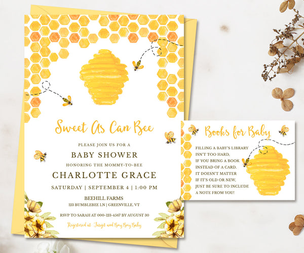 Sweet as can bee, Honey bee baby shower invitation and books for baby card with honey comb, beehive, honey bees and yellow flowers from Artful Life Designs