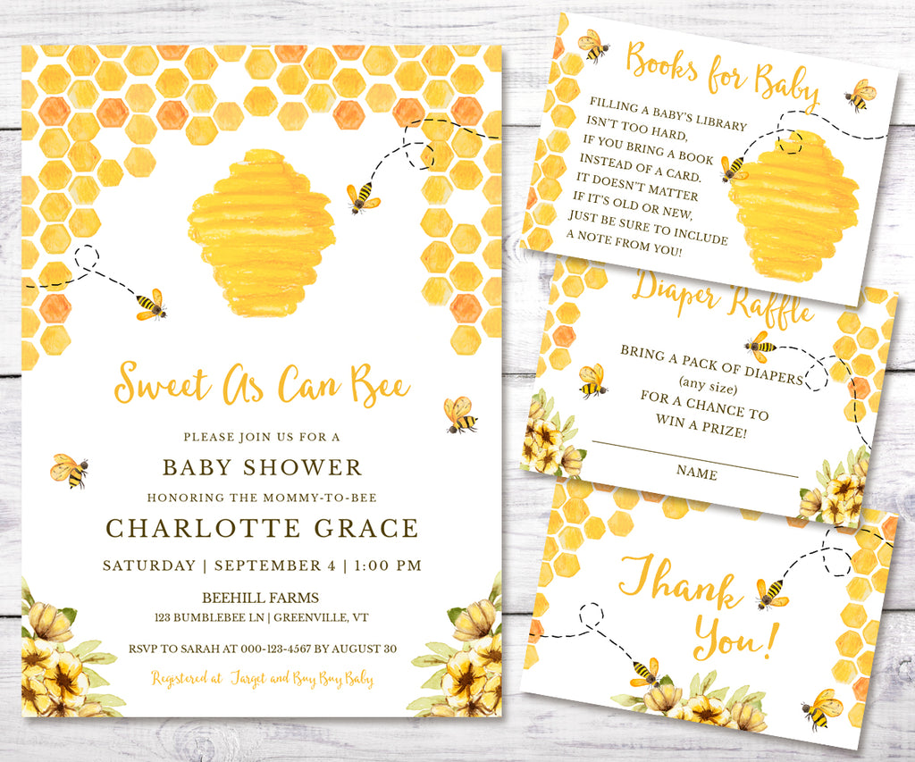 Sweet as can bee baby shower invitation, books for baby card, diaper raffle card and thank you card, with honey bees, beehive, honeycomb and yellow flowers