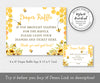 Bee baby shower diaper raffle sign and card with honeycomb, bees and yellow flowers