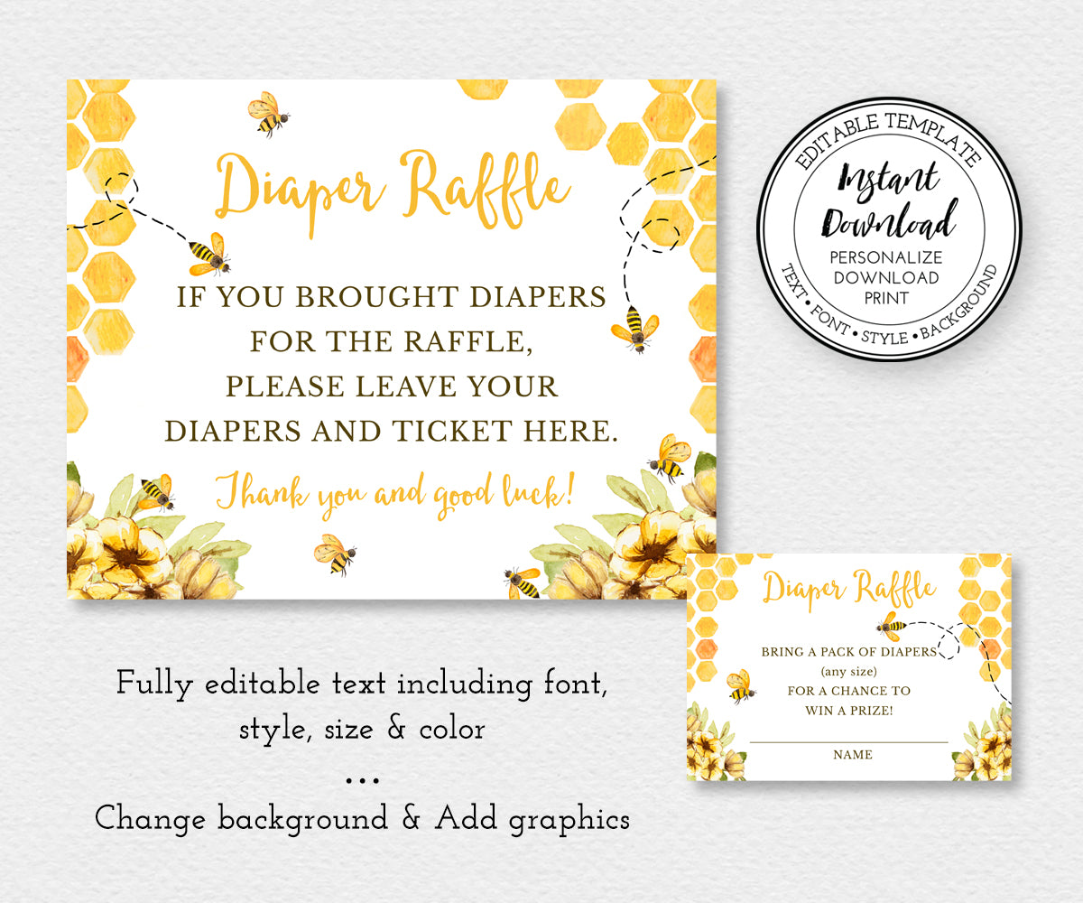bee baby shower diaper raffle sign and card have editable text