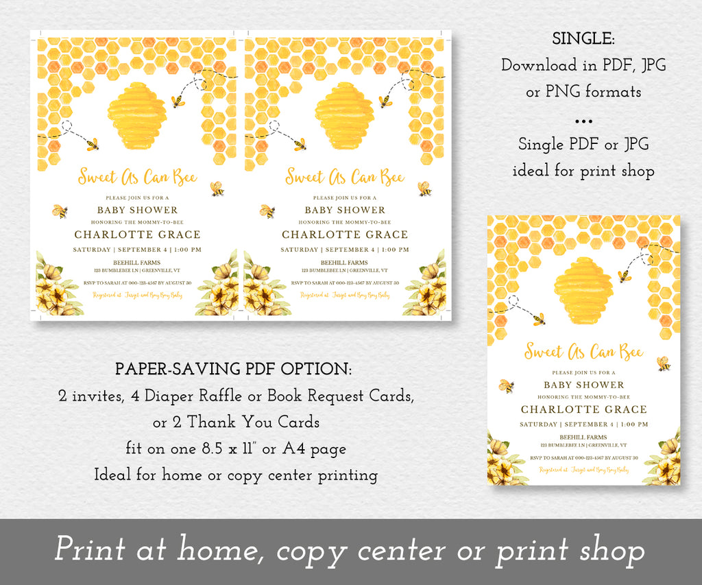 Sweet as can bee baby shower invitation shown 2 up on a sheet and as a single invitation