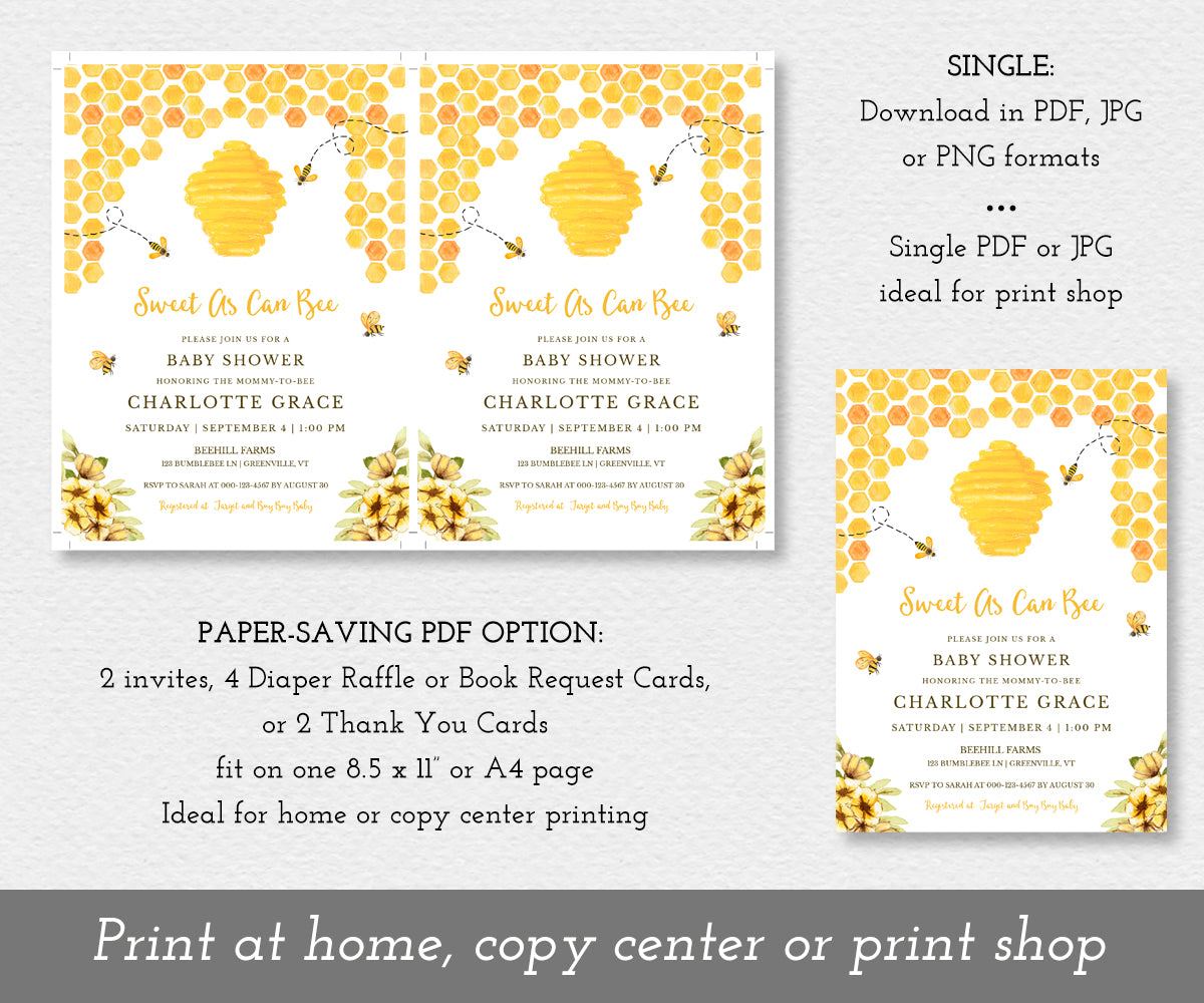 Sweet as can bee baby shower invitation shown 2 up on a sheet and as a single invitation