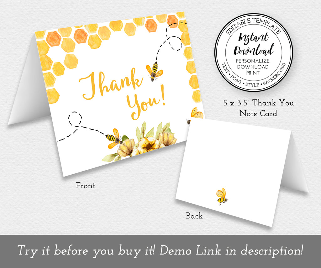 Bee baby shower thank you card with honeycomb, bees and yellow flowers, 5 x 3.5" thank you note card folded front and back.