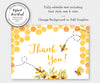 Bee baby shower thank you card is an editable template, edit text, add graphics, change background.
