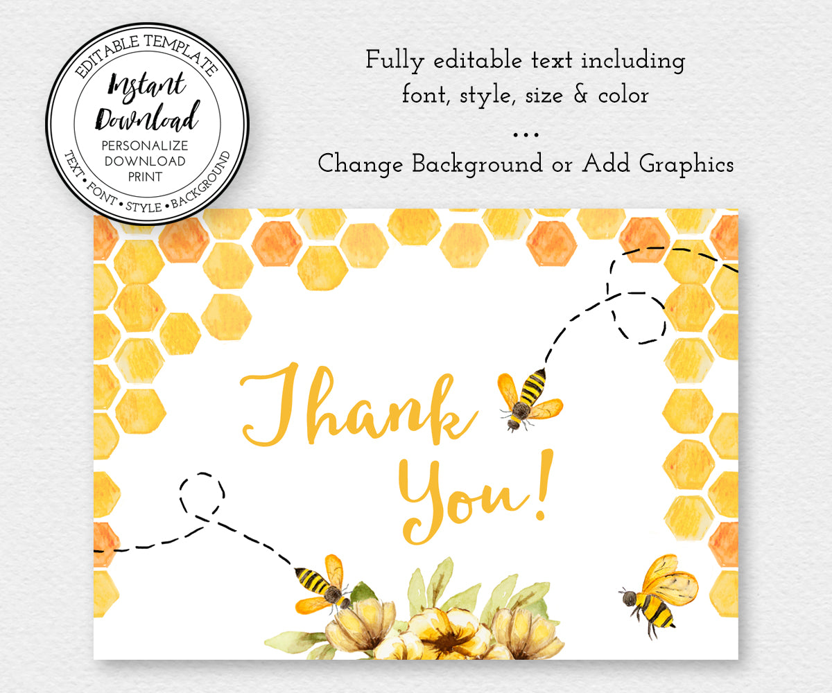 Bee baby shower thank you card is an editable template, edit text, add graphics, change background.