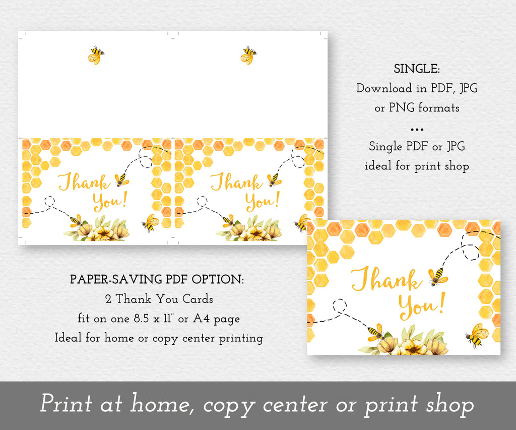 Download options for bee baby shower thank you card, 2 up on a sheet and as a single.