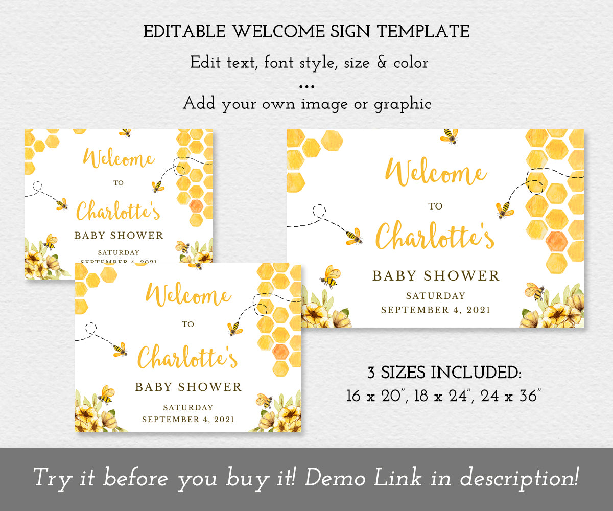 Bee baby shower welcome sign template, that you can edit text, add graphics with 3 sizes included