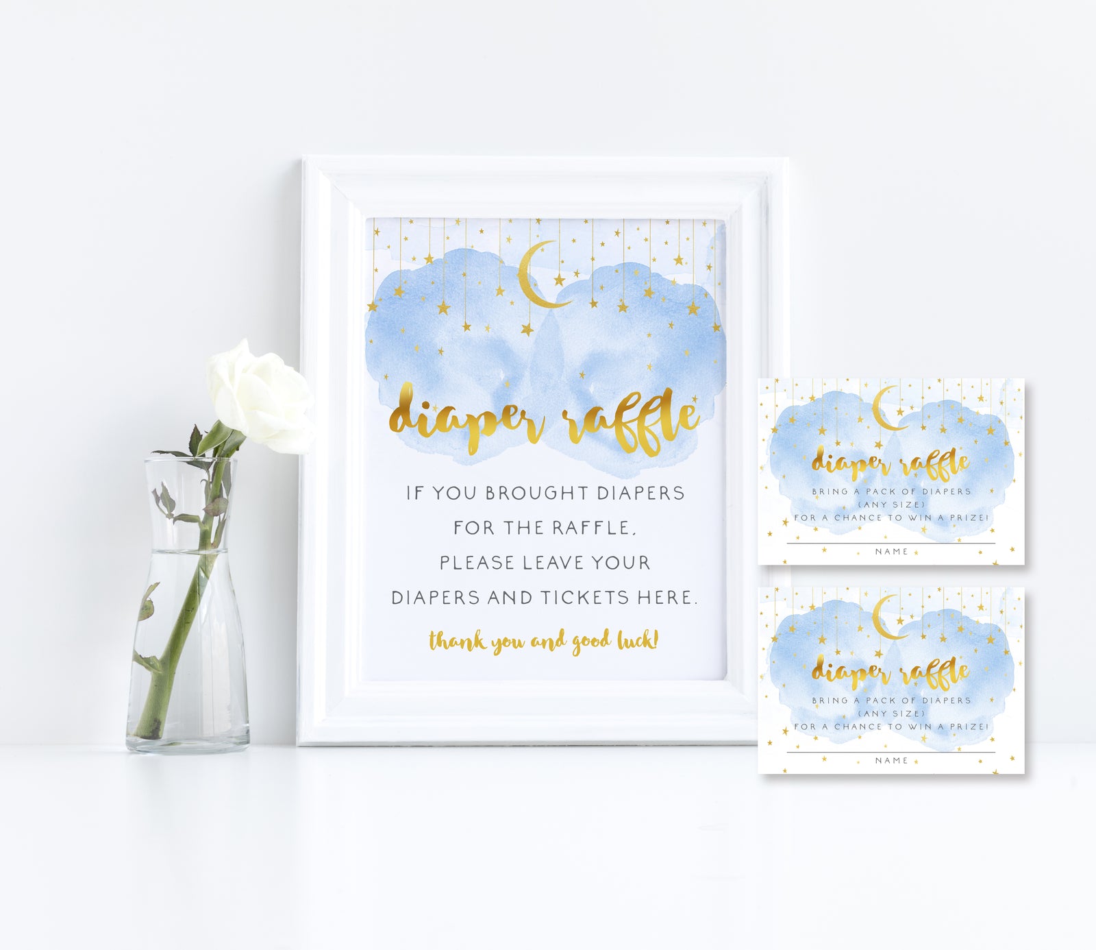 Diaper raffle sign and tickets with blue smoke, gold moon and stars for a boy baby shower, twinkle twinkle little star theme from Artful Life Designs