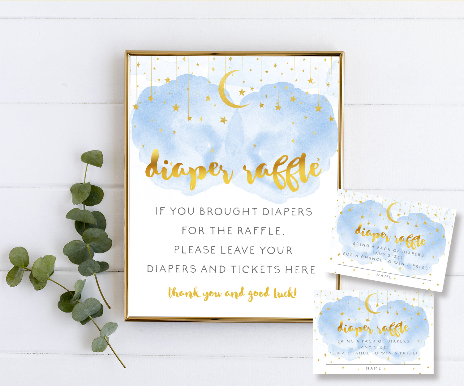 Diaper raffle sign and tickets with blue smoke, gold moon and stars for a boy baby shower, twinkle twinkle little star theme from Artful Life Designs