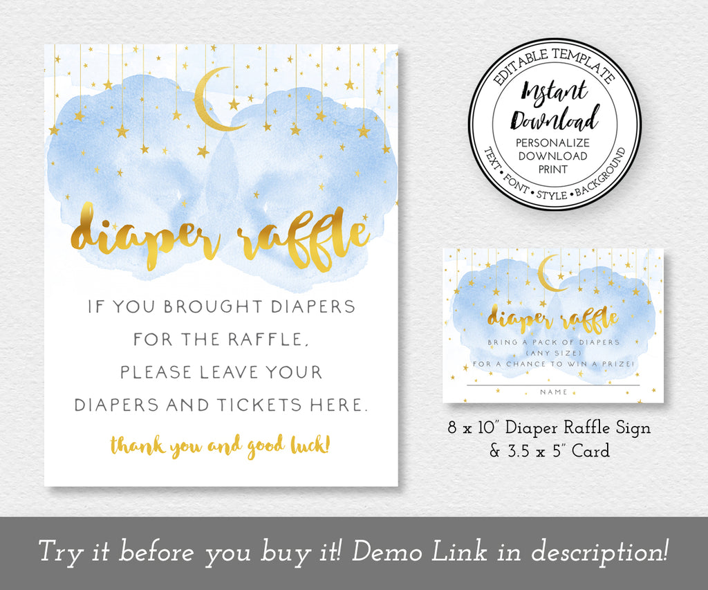 8 x 10 inch diaper raffle sign, 3.5 x 5 inch diaper raffle ticket, design has blue smoke, gold moon and stars, twinkle twinkle little star theme from Artful Life Designs